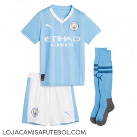 Camisa de Futebol Manchester City Erling Haaland #9 Equipamento Principal Infantil 2023-24 Manga Curta (+ Calças curtas)
